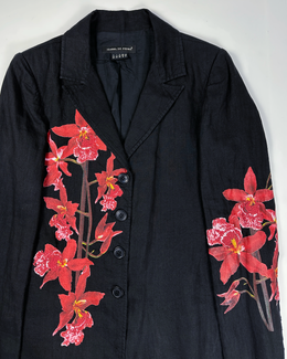 Isabel de Pedro Black Flower Printed Linen Long Coat 2000's