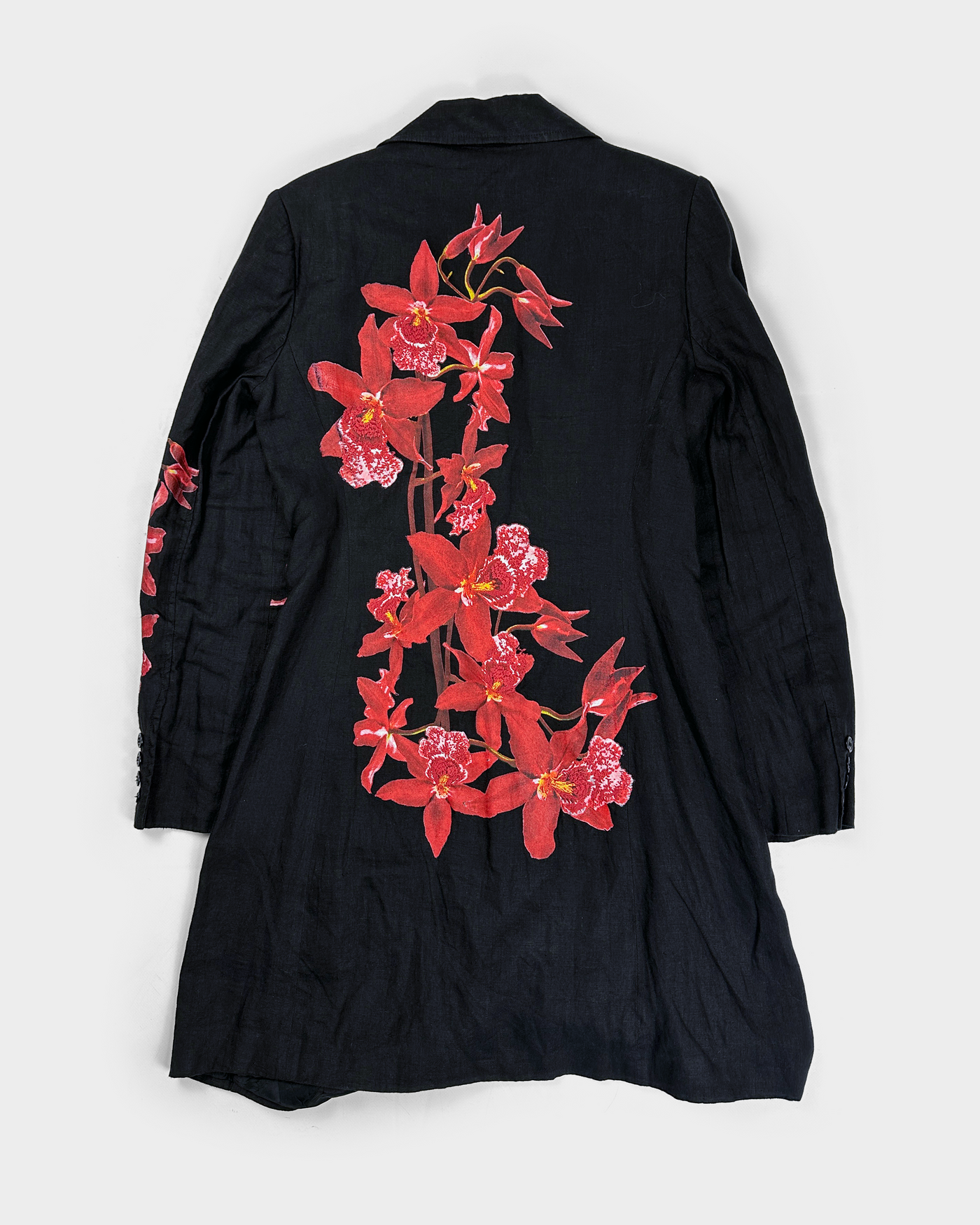 Isabel de Pedro Black Flower Printed Linen Long Coat 2000's