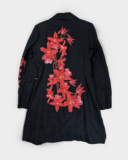 Isabel de Pedro Black Flower Printed Linen Long Coat 2000's
