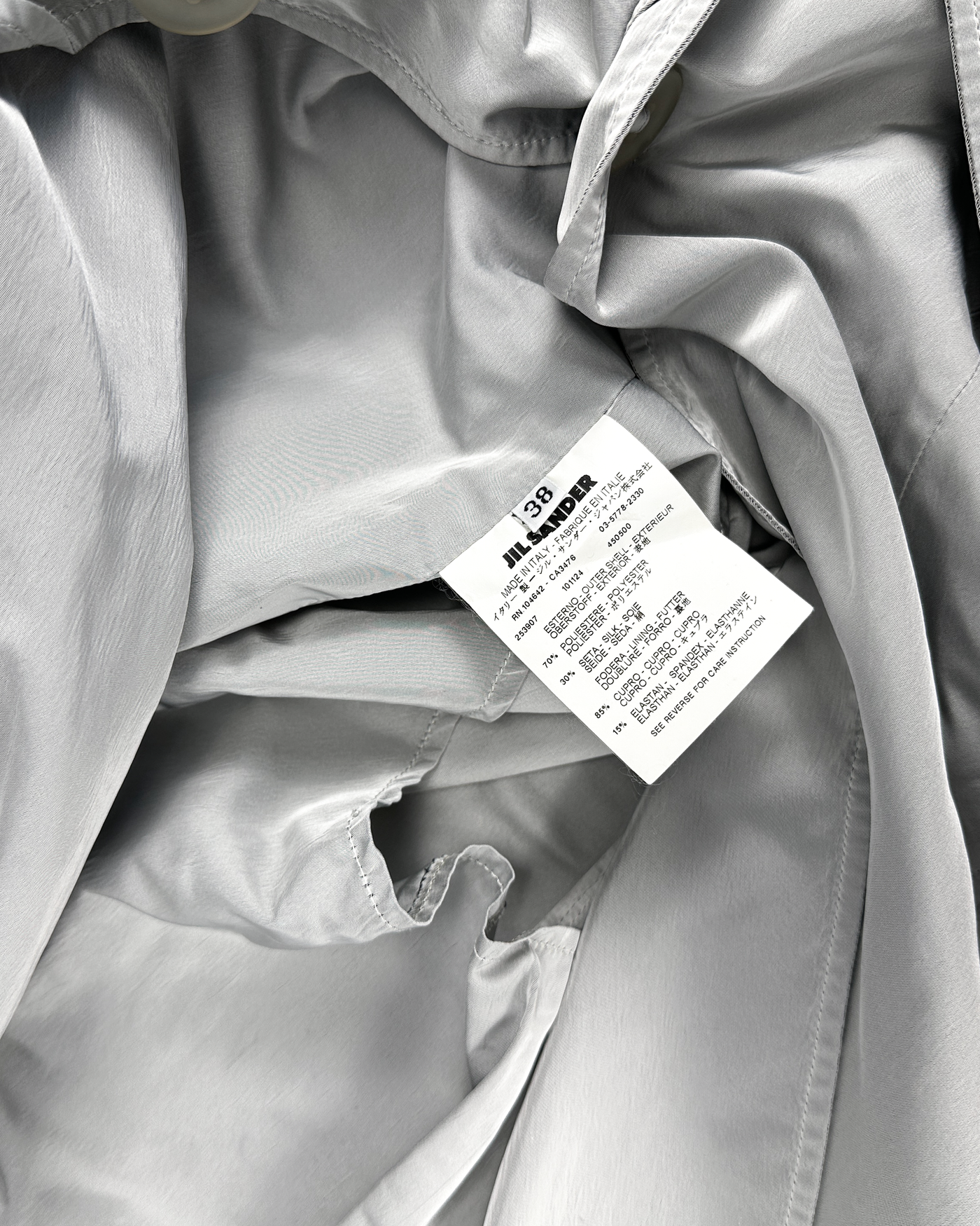 Jil Sander Pearl Grey Thin Silk + Polyester Coat 2000's