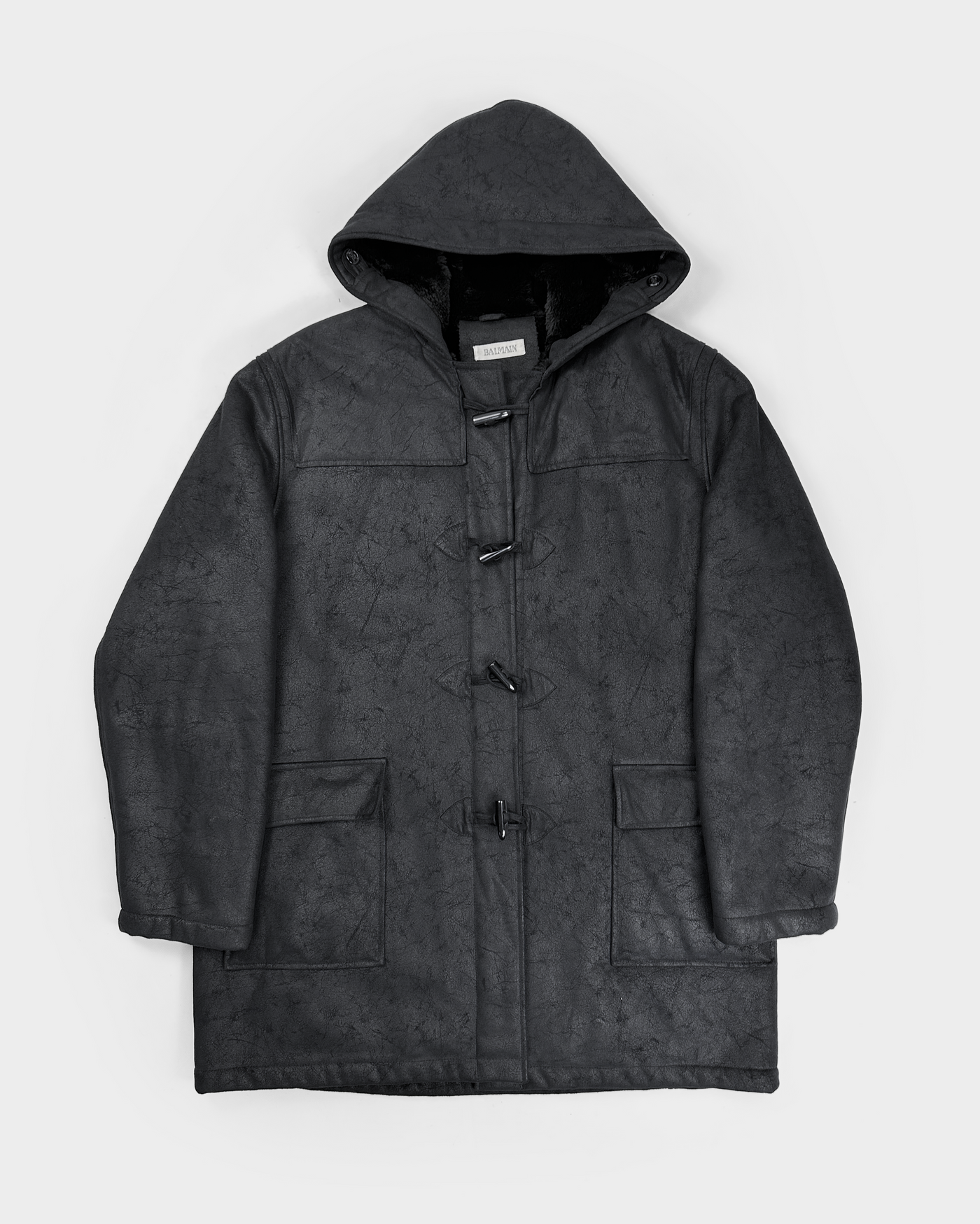 Balmain Black Cracked Long Coat Jacket 1990's