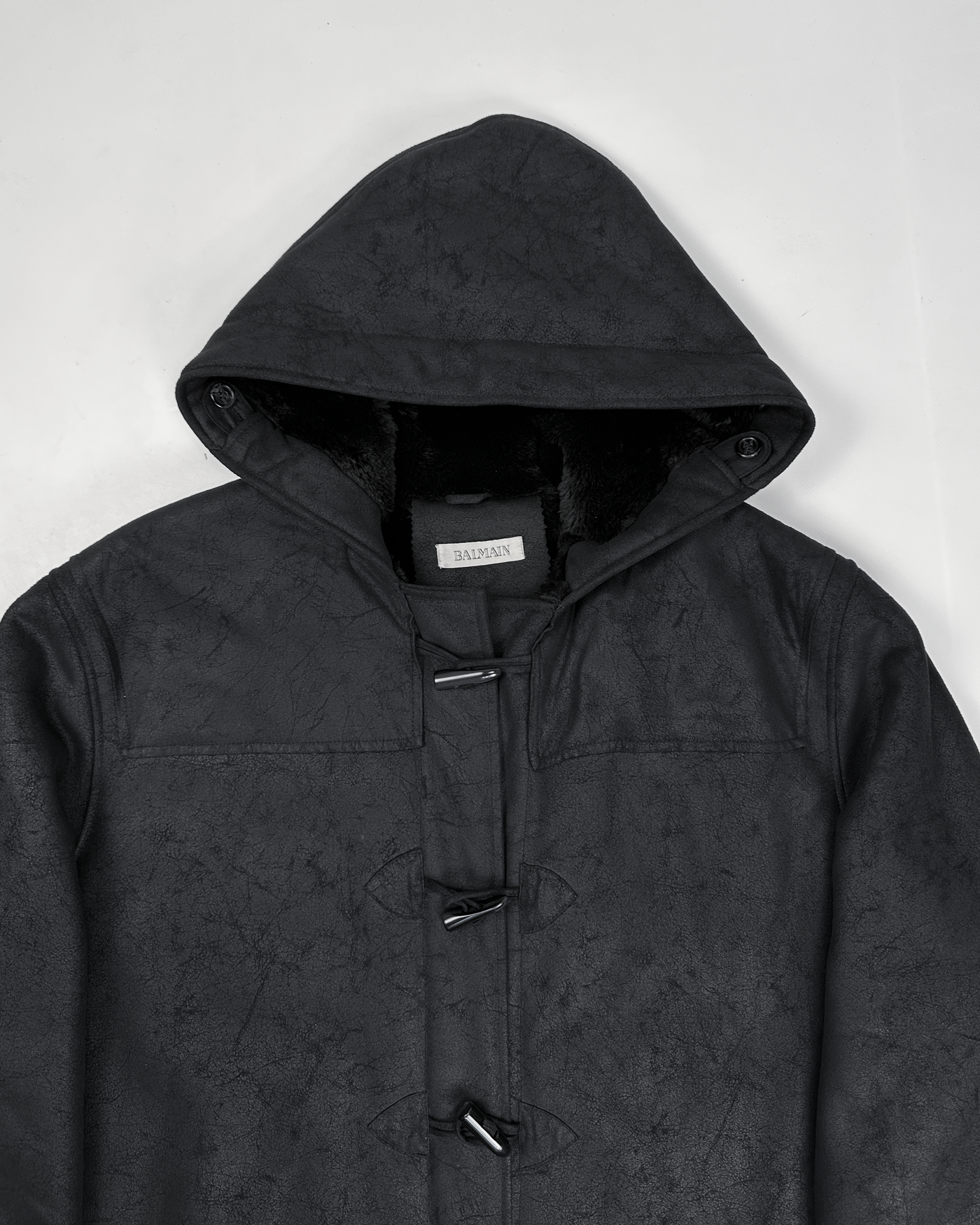 Balmain Black Cracked Long Coat Jacket 1990's