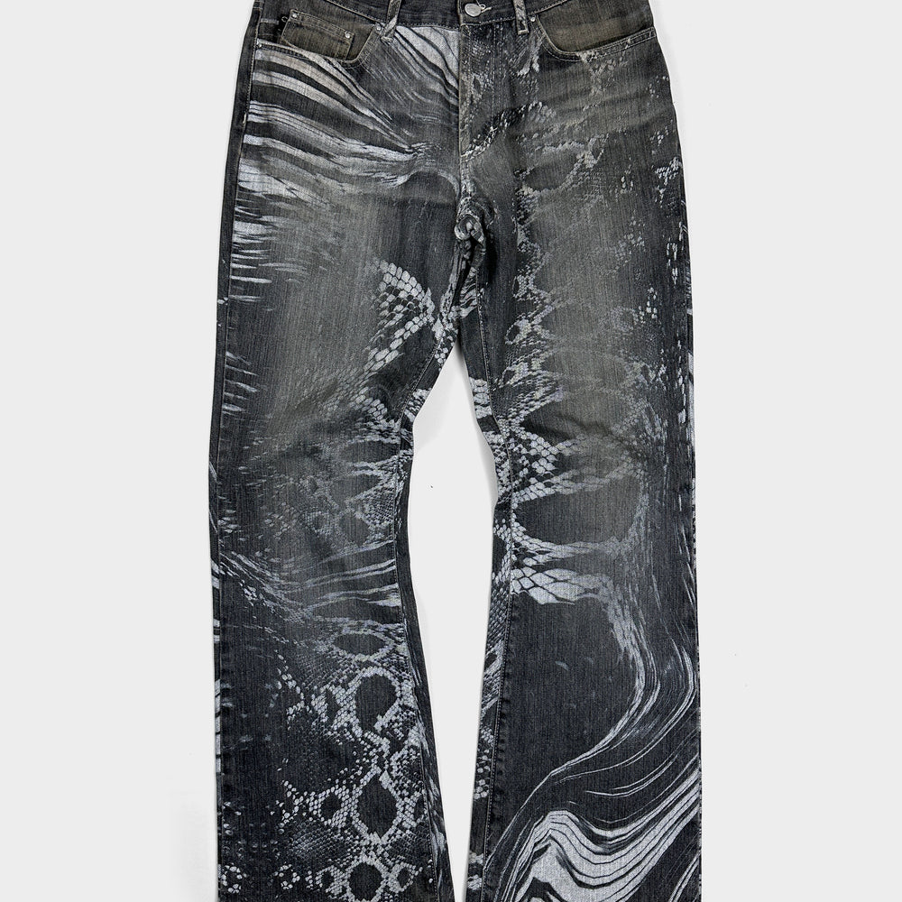 Roberto Cavalli Reptile Print Grey Denim Pants 2000's