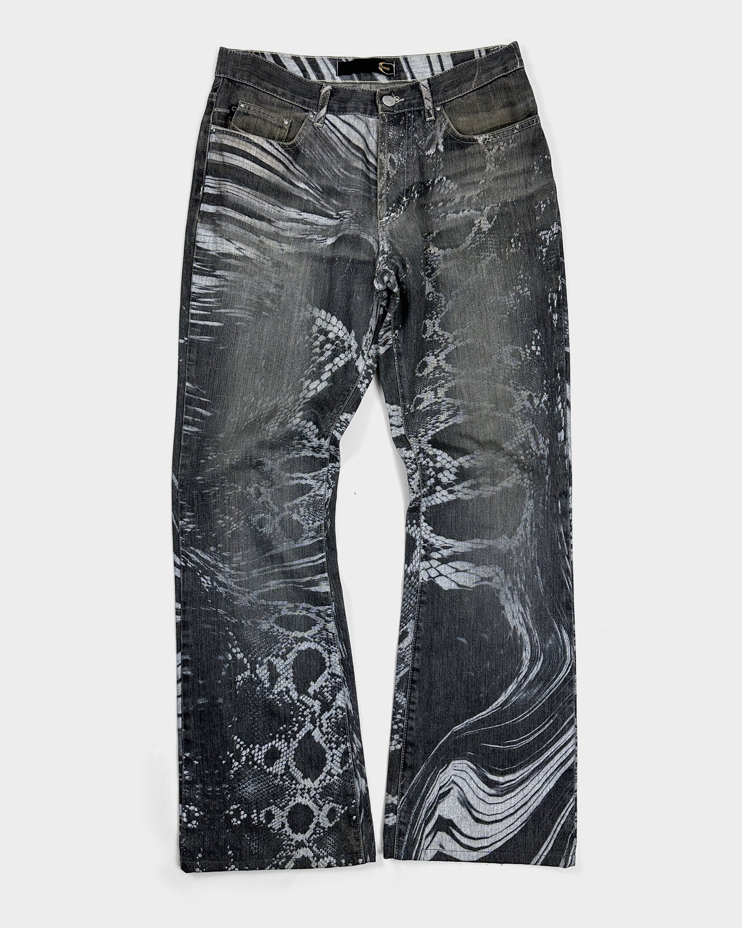 Roberto Cavalli Reptile Print Grey Denim Pants 2000's