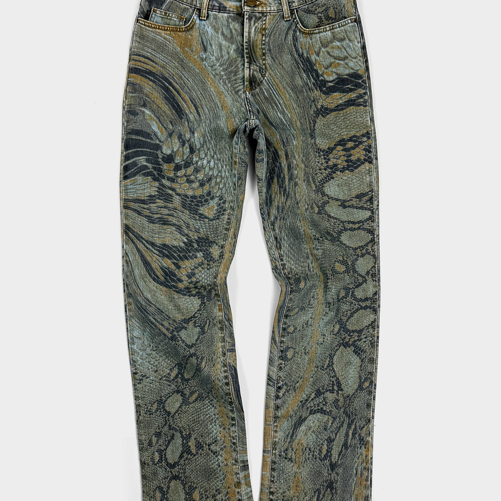 Roberto Cavalli Reptile Print Blue Denim Pants 2000's