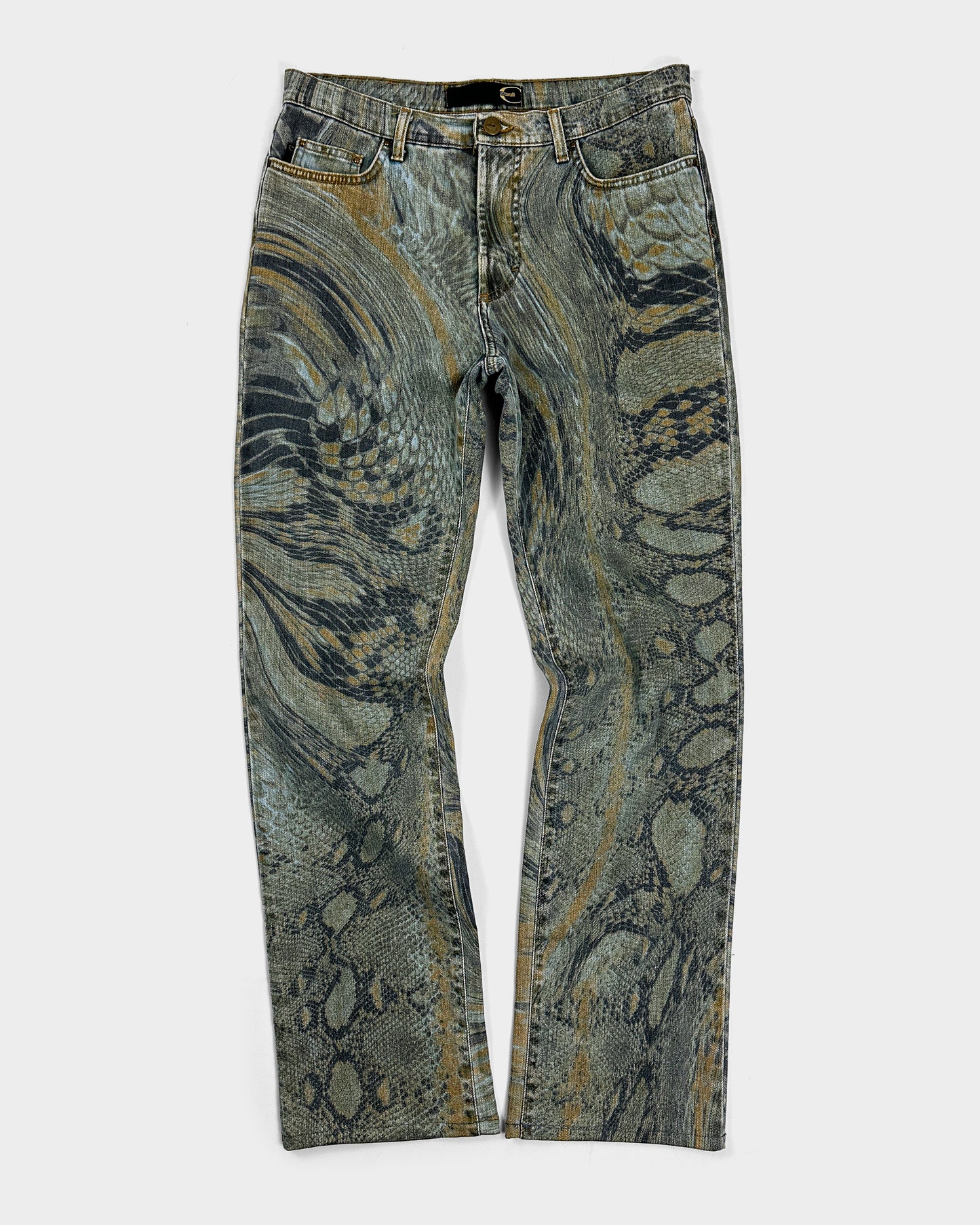 Roberto Cavalli Reptile Print Blue Denim Pants 2000's