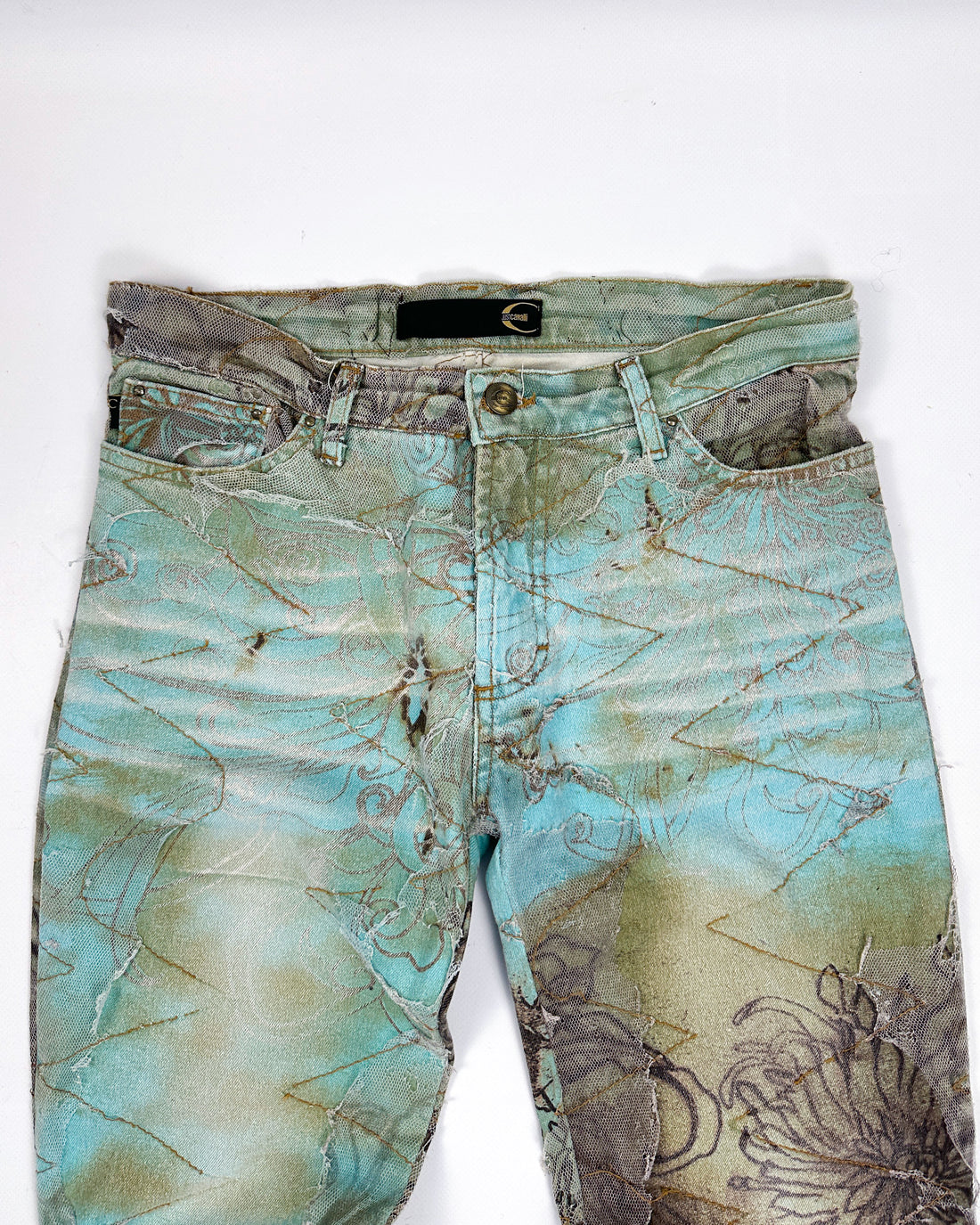Roberto Cavalli Distressed 2-Layer Skinny Net Pants 2000's