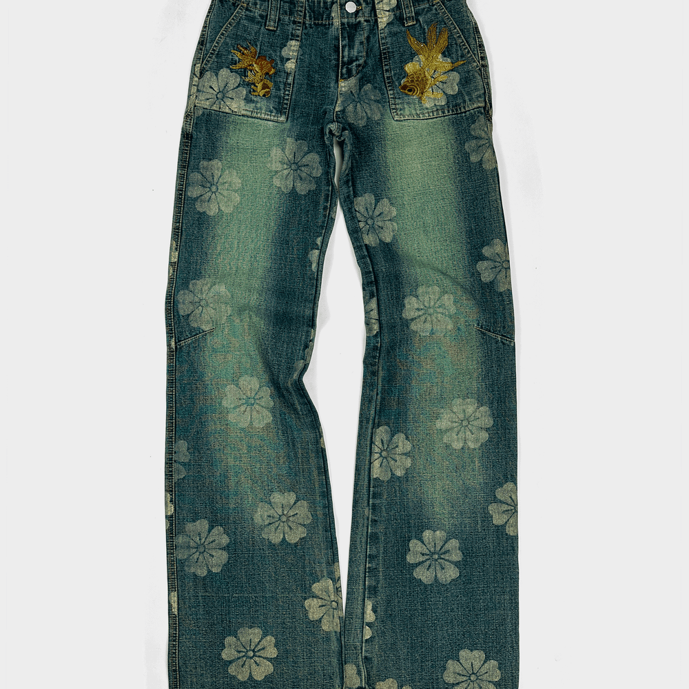 Custo Barcelona Koi-Fish Print Denim Flare Pants 2000's