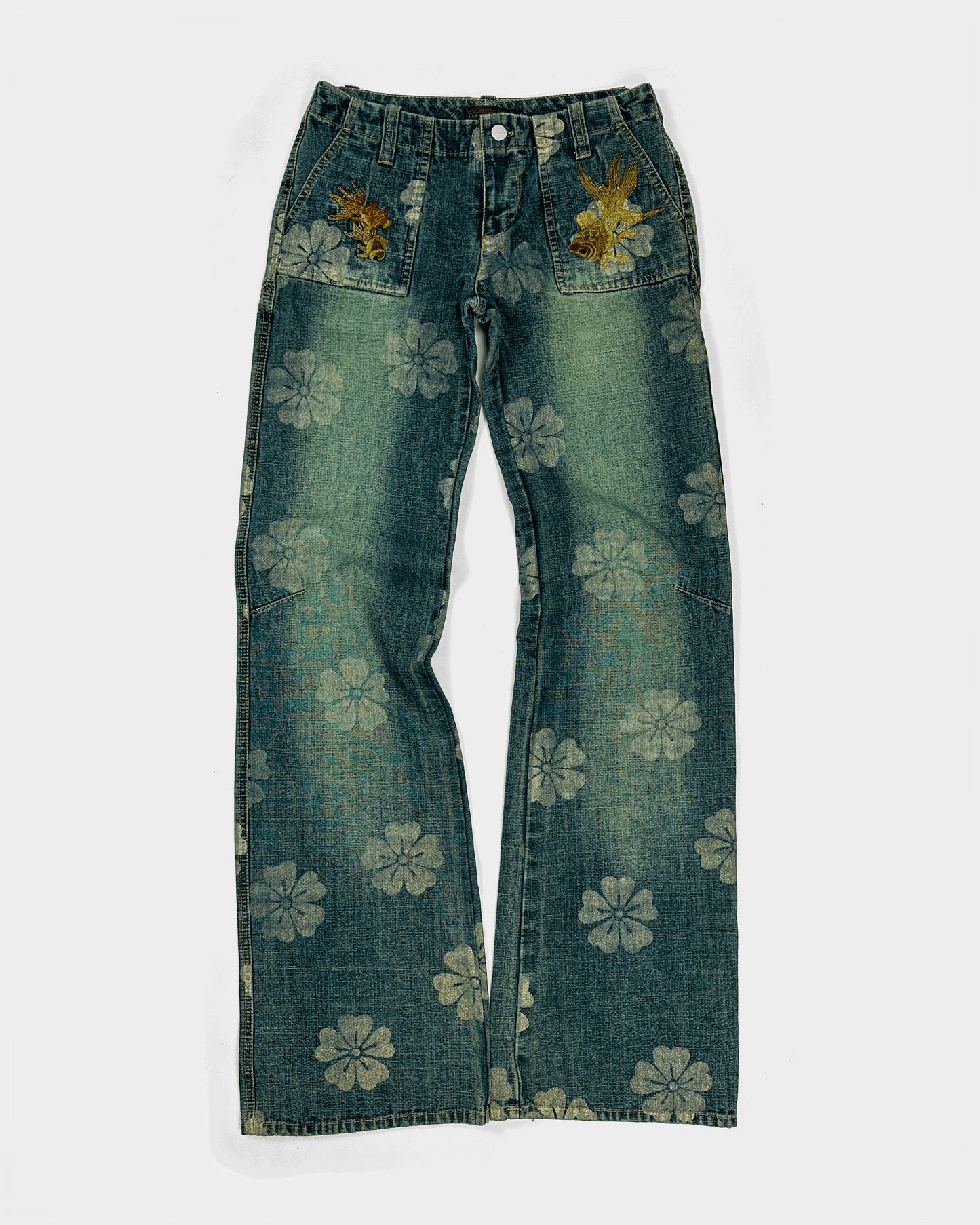 Custo Barcelona Koi-Fish Print Denim Flare Pants 2000's