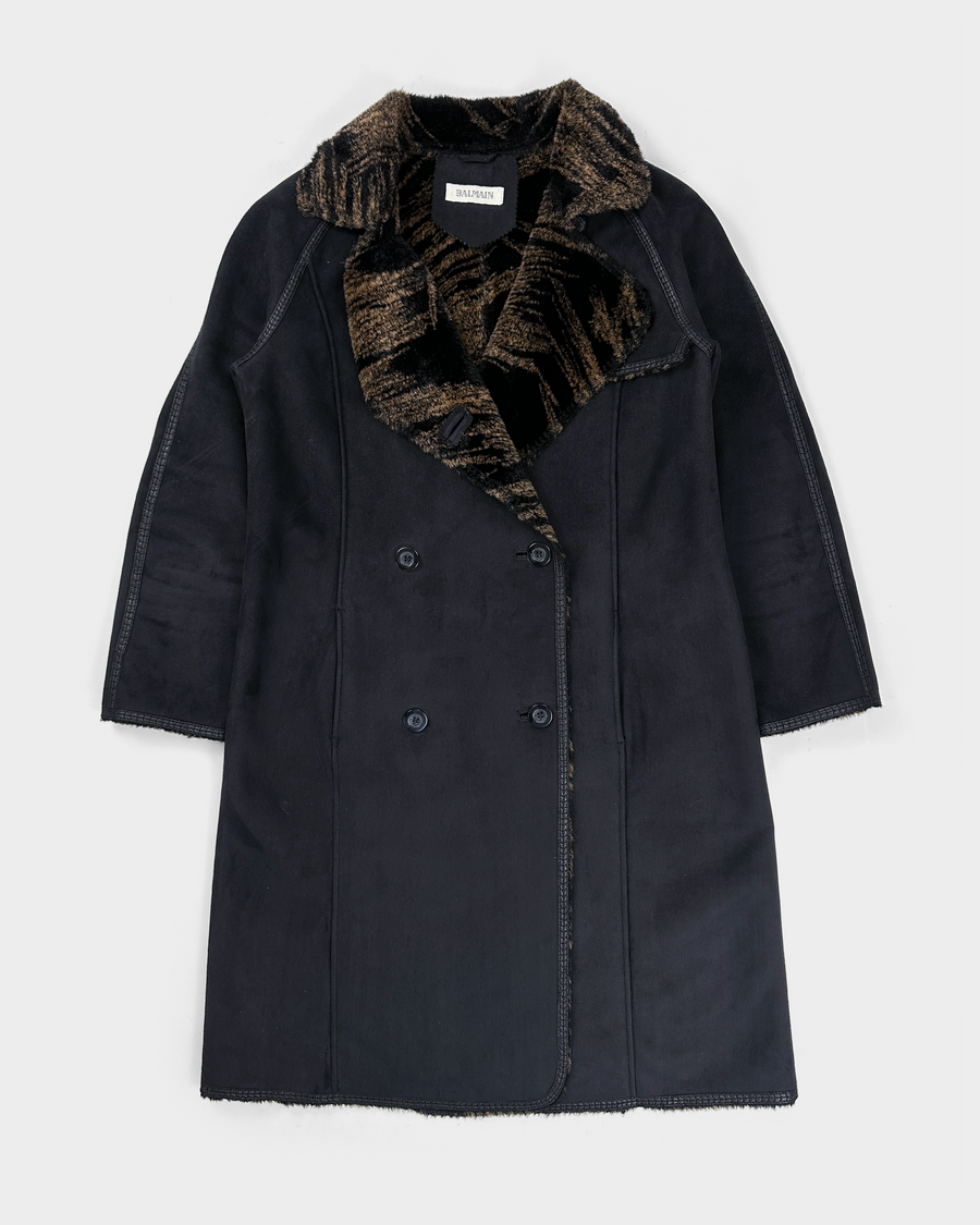 Balmain Black Long Printed-Inside Coat Jacket 1990's