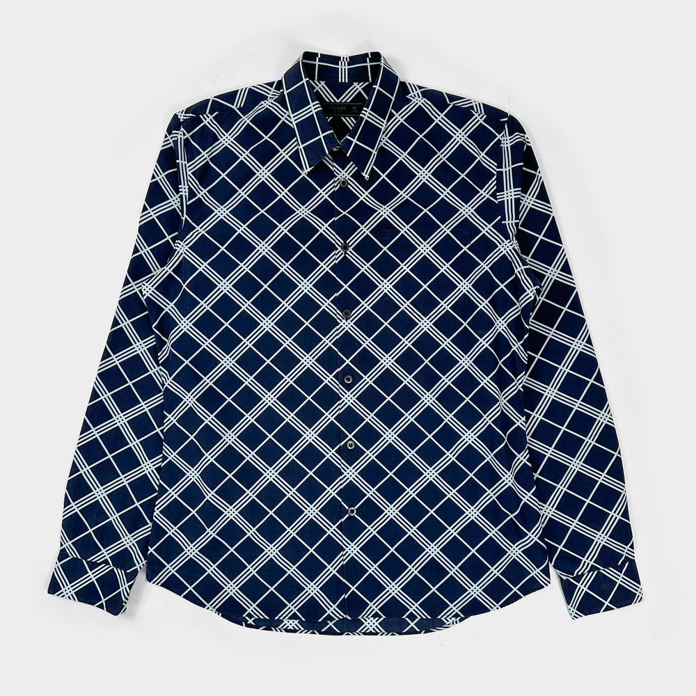 Prada Diamond Pattern Navy Blue Shirt 2000's