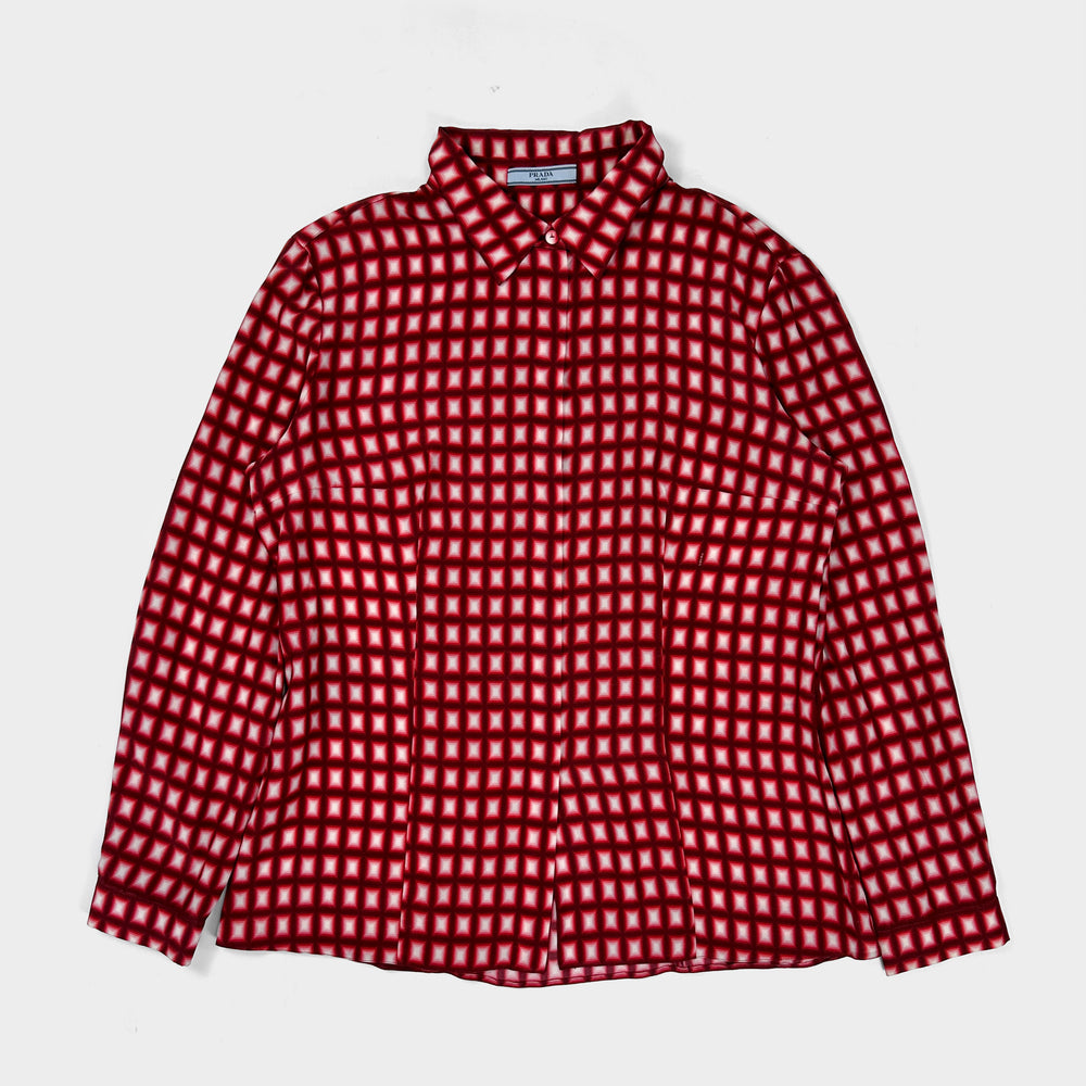 Prada Red Squares Pattern Silk Shirt 2000's