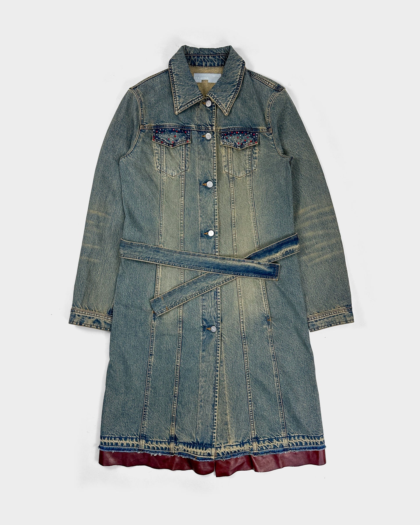 Iceberg Faded Denim + Leather Long Coat 2000's