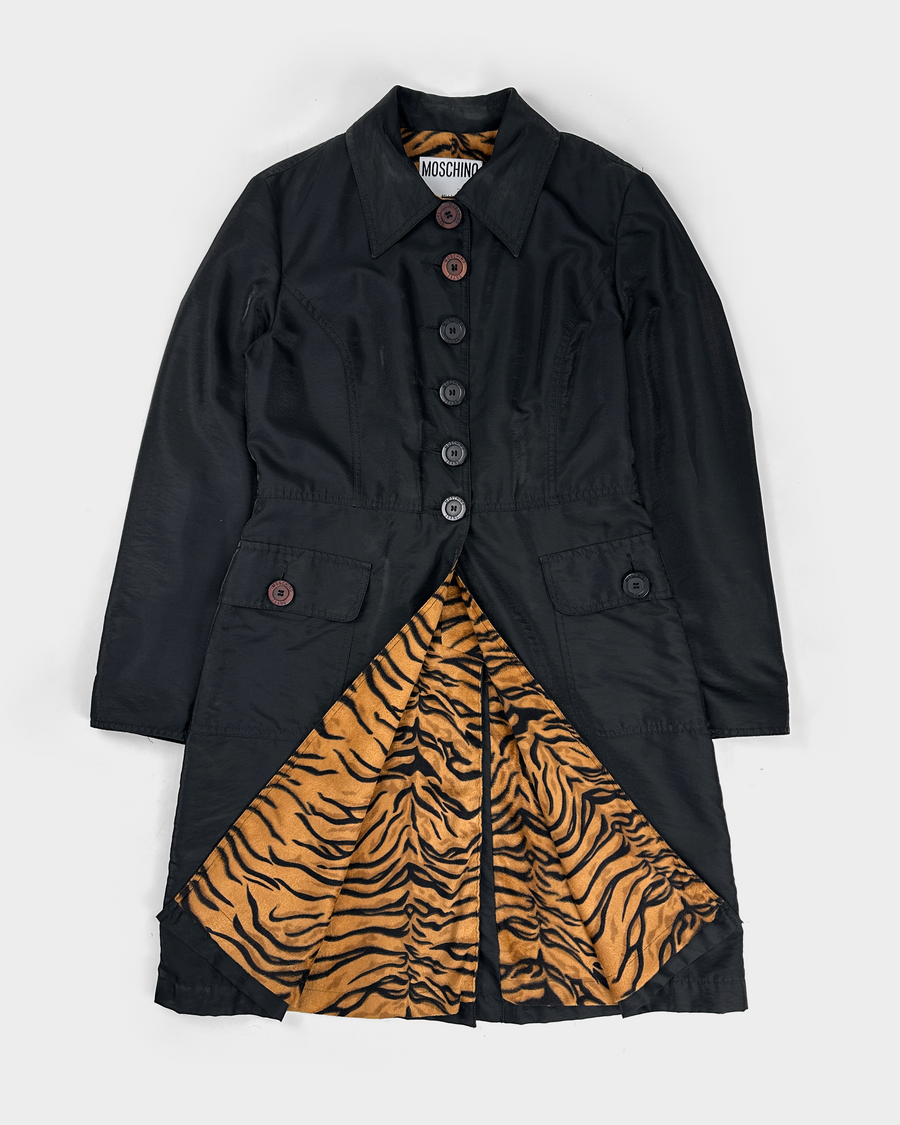 Moschino Black Lion Print Long Coat Jacket 1990's