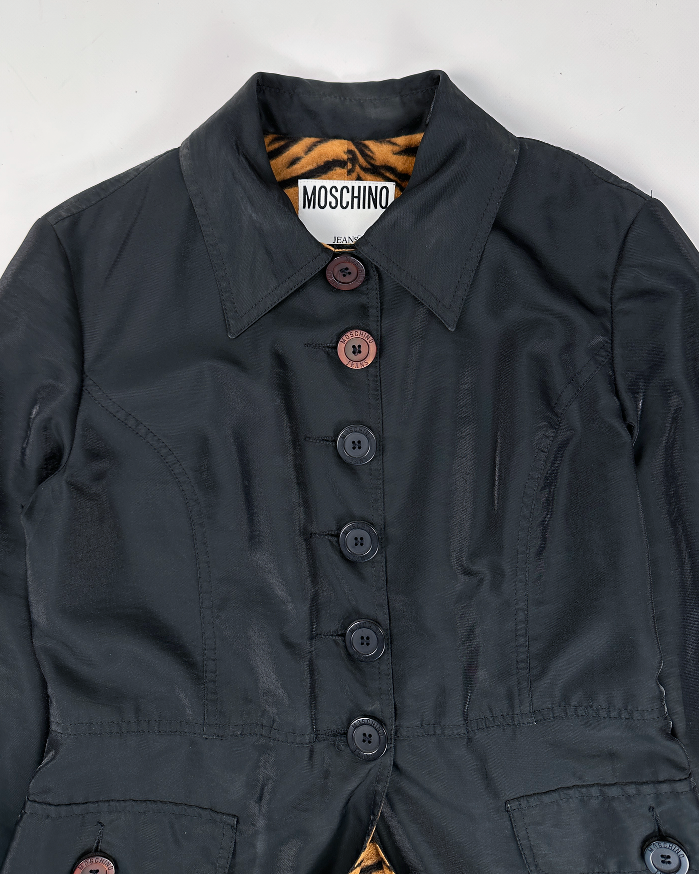 Moschino Black Lion Print Long Coat Jacket 1990's