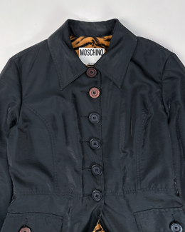 Moschino Black Lion Print Long Coat Jacket 1990's