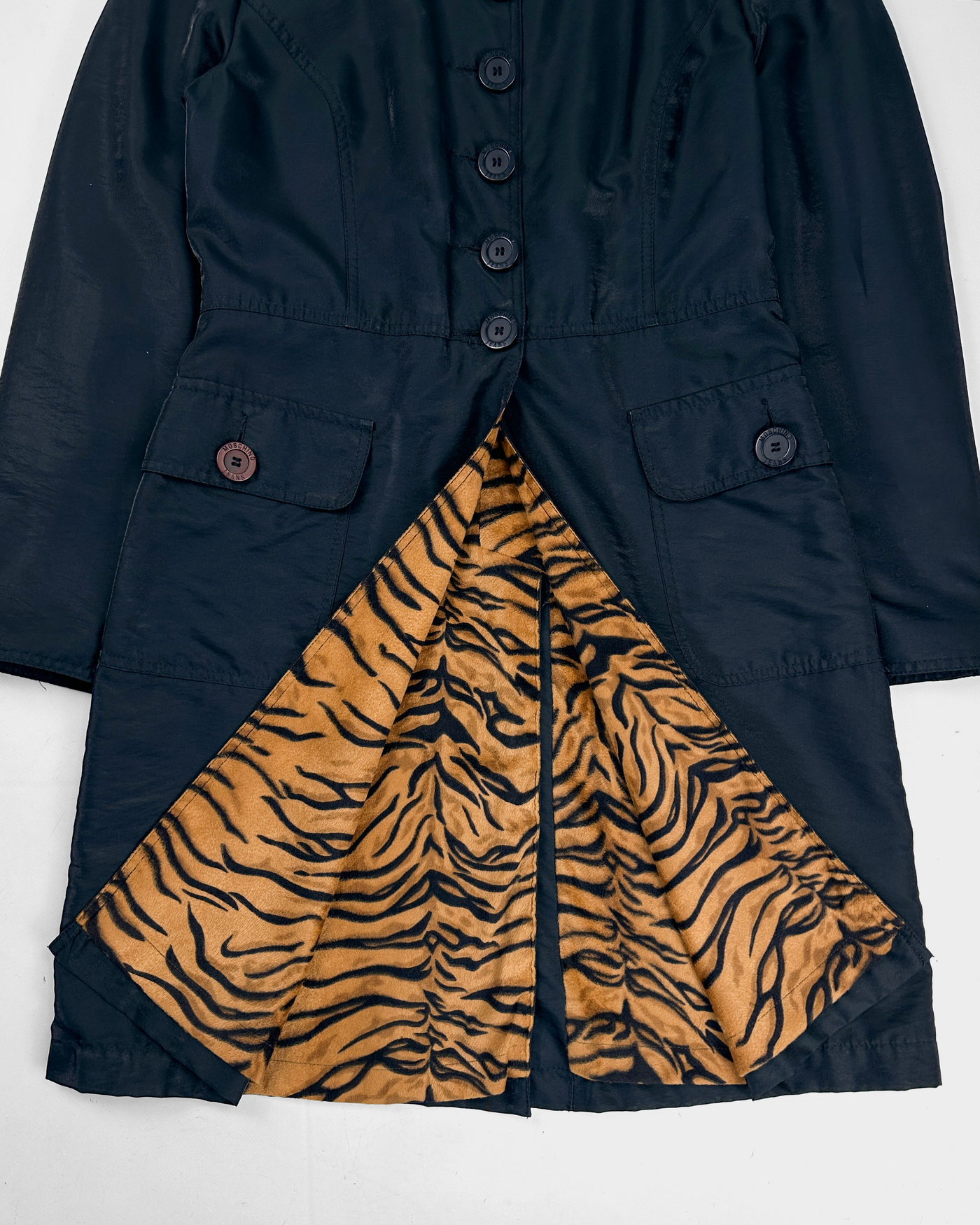 Moschino Black Lion Print Long Coat Jacket 1990's