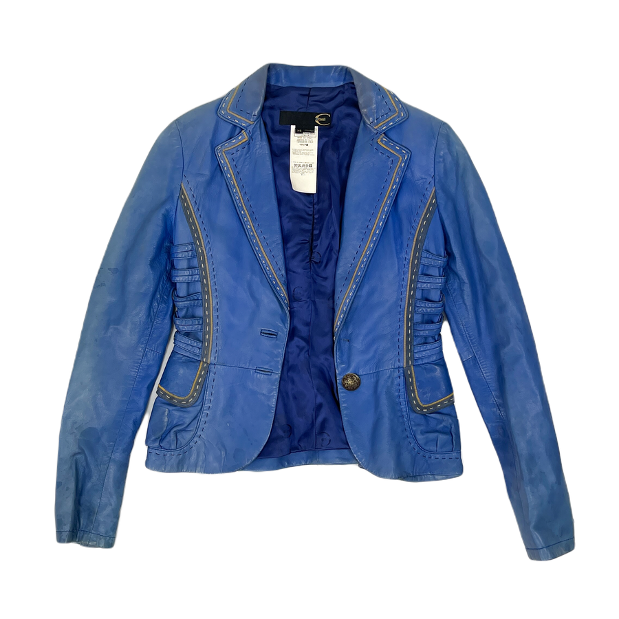 Roberto Cavalli Blue Leather Cropped Jacket 1990's