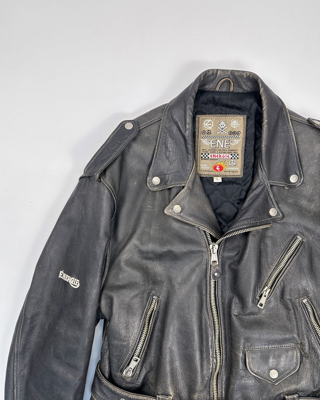 Energie Biker Faded Heavy Leather Jacket 1990's